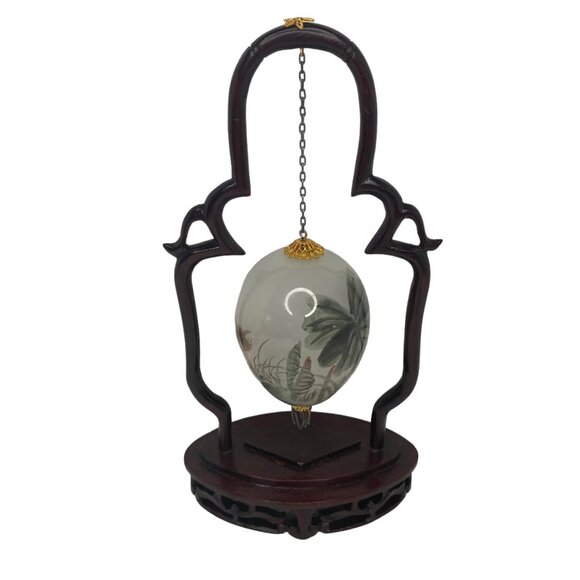 Chinese painted glass egg redwood stand cat butterfly reverse paint 7.5" - Picture 2 of 16